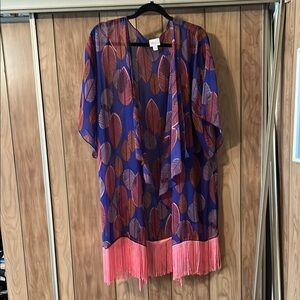 Colorful Leaf Print Kimono with Fringe